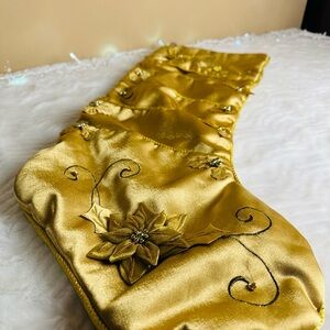 Gold Holiday Stocking with Floral Embroidery